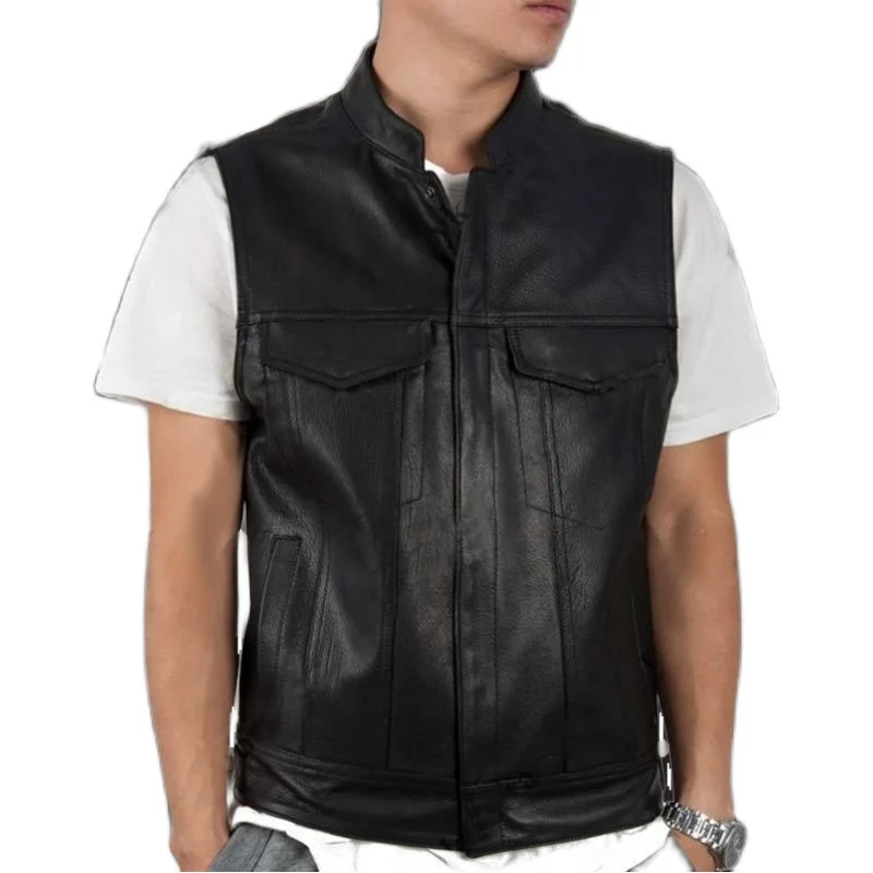 

New Black Motorcycle Biker Leather Vest Men Sleeveless Jackets Streetwear Multi-pocket Plus Size Casual Slim Tops Button Coats
