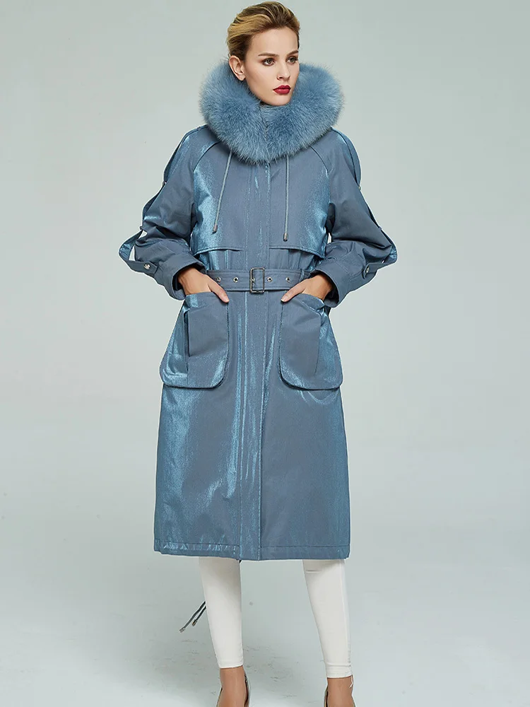 

Fur Real Parka Coat Female Natural Rabbit Fur Liner Long Trench Coat Winter Jacket Women Fox Fur Collar Warm Overcoat MY