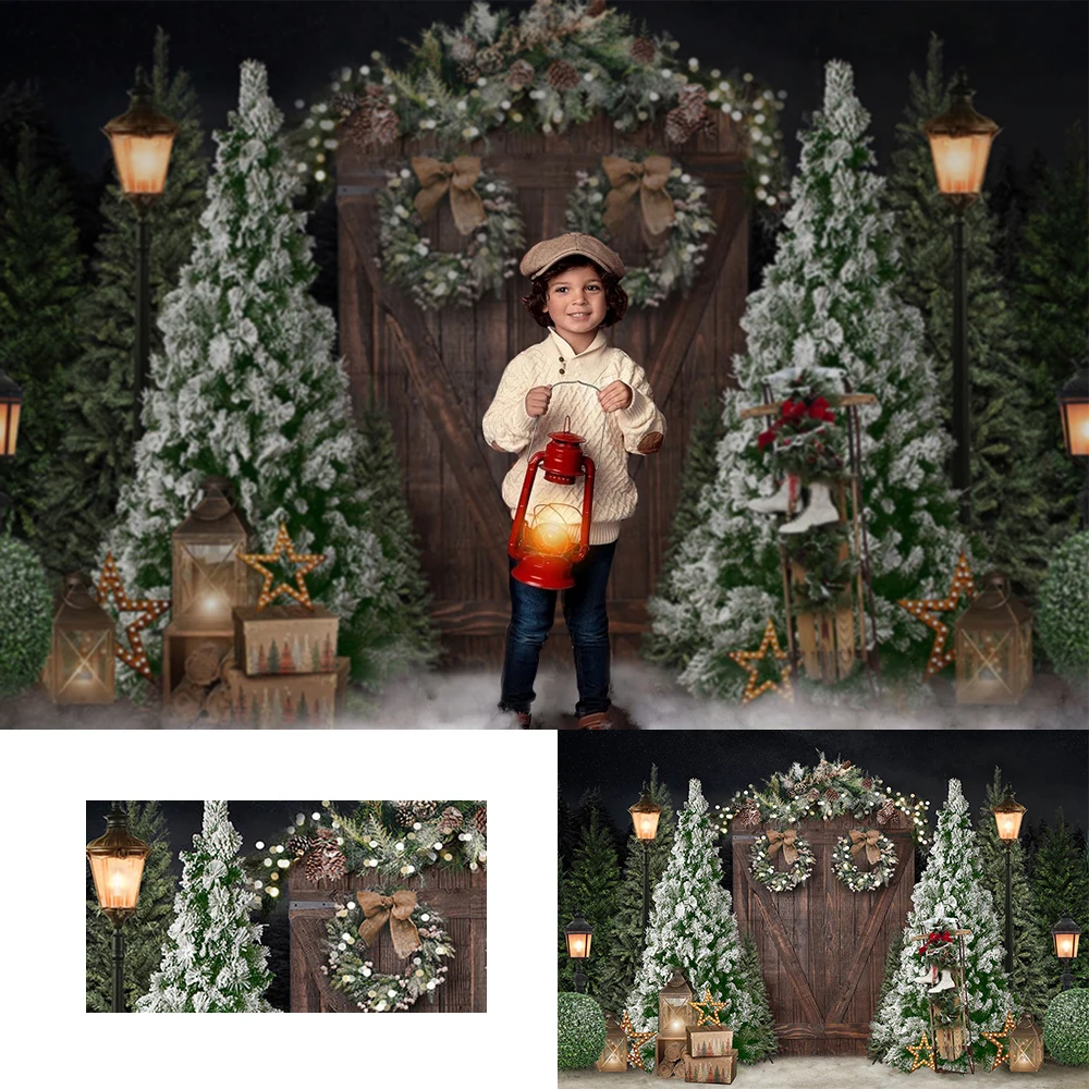 

Christmas Retro Wood Door Photography Backdrops Snow Christmas Tree Decor Children Party Photocall Background Photo Studio