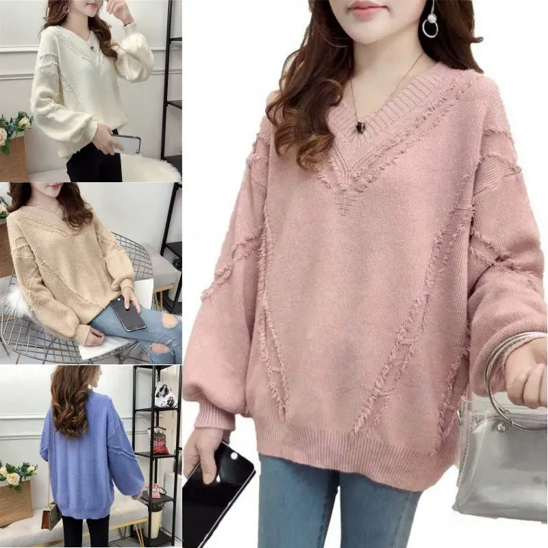 

Sweaters Women Autumn Winter V-Neck Knitted Tassel Fashion Tops Long Sleeve Loose Sweater Multi-color