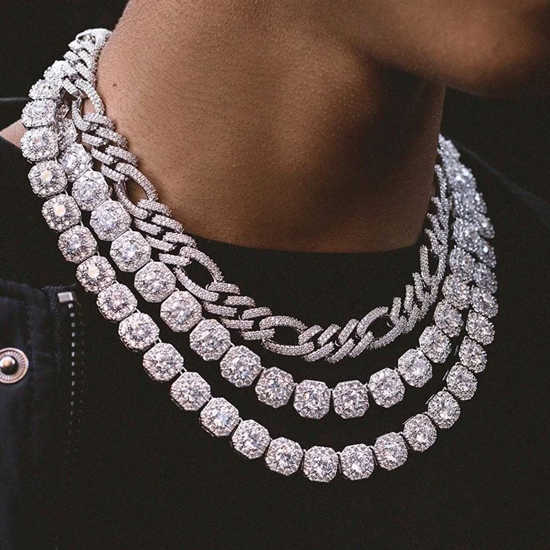 

High Quality Iced Out Bling 5A Cubic Zirconia Jewelry Clear CZ Paved Hiphop Bling CZ Cluster Tennis Necklace For Men Boy