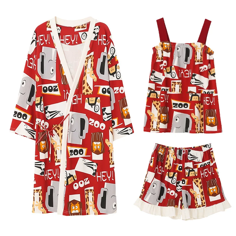 

Pajamas summer Women NewChest Pad Suspenders Vest Pajamas Shorts Female Lively Cute Nightgown Three-piece Cotton Pajamas Sets
