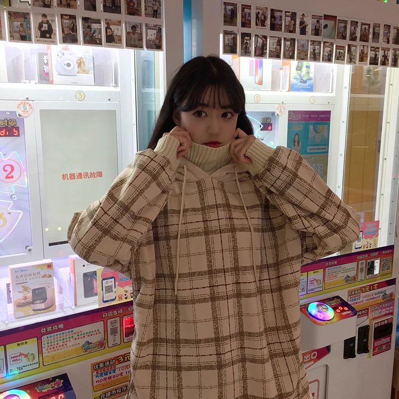 Harajuku флисовые кофты Женские клетчатые водолазки толстовки женские с длинным рукавом Повседневные Большие размеры пуловер с капюшоном одежда толстовка