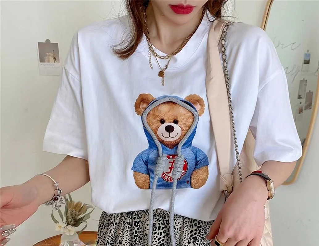 

Cotton Women T-Shirt 2021 Summer Crew Neck Short Sleeve Casual Fashion Top Cartoon Drawstring Cute Bear Printed Female Clothing