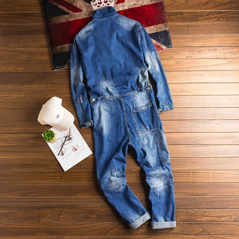 Men Denim Jumpsuit Long Sleeve Blue Workwear Hip Hop Streetwear Jeans Overalls Fashion Cargo Pants Leisure Freight Trousers