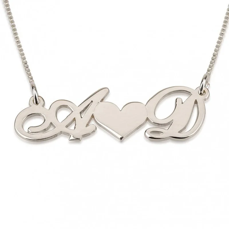 

925 Solid Silver Personalized 2 Initial Necklace Heart Name Necklace Custom Letter BFF Pendent Couple Jewelry Christmas Gift