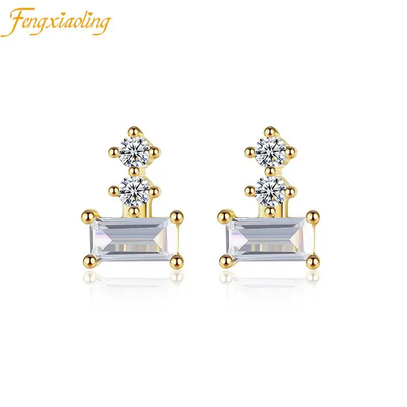 

925 Sterling Silver Plating 14k Gold Simple Shiny Square Zircon Earrings Women Korean Sweet Student Jewelry Accessories Gift