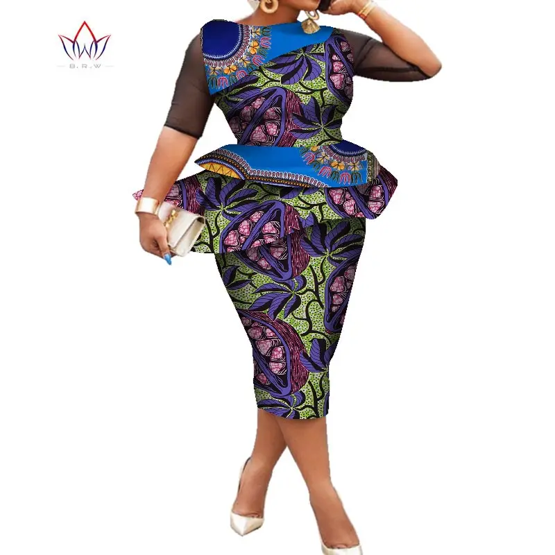 Women 2020 Fashion Clothes Half Sleeve African Printed Wax 2 Piece Set Women Crop Top And Skirt Set Dashiki Outfits 3xl WY7369
