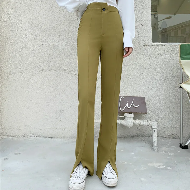 

High Street Fashion Irregular High Waist Flare Pants Women Spring Summer Chic Slit Trousers Solid Color Elegant Female Pants