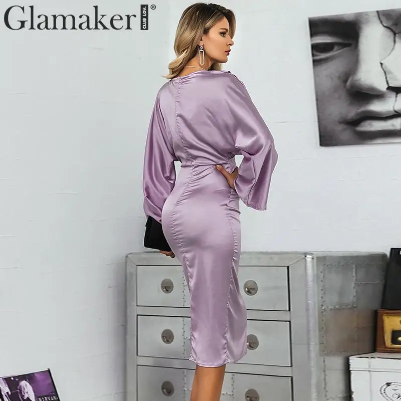 Женское платье с глубоким v-образным вырезом Glamaker фиолетовое элегантное рукавами
