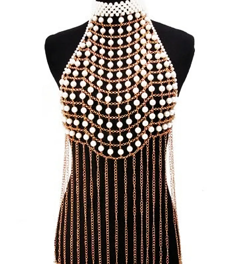 Fashon Tassel Body Jewelry Handmade Crystal Bead Pearl Gold Body Chain Sexy Dress Fringe Street Chain