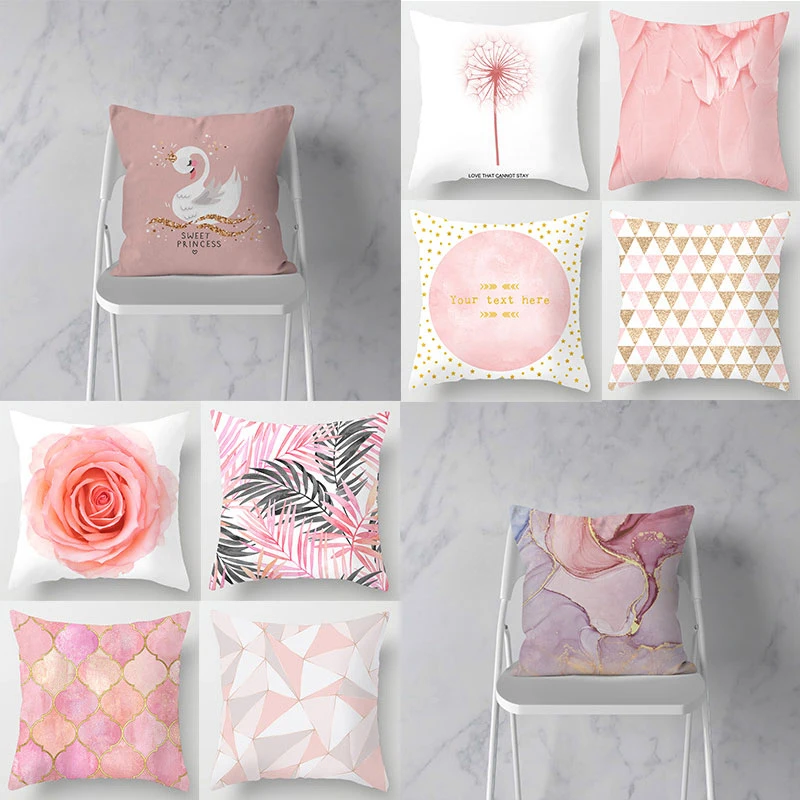 

Roses Pink Swan Feathers Geometric Cushion Cover Modern Fashion Nordic Simple Pillowcase Home Decor Sofa Throw Pillows Cover