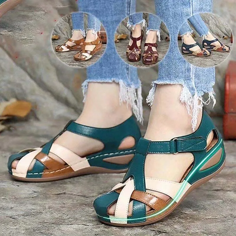 

Women Sandals Mixed Color Wedges Shoes For Women Sandals Soft Sole Pu Leather Ladies Shoes Female Closed Toe Platform Sandals