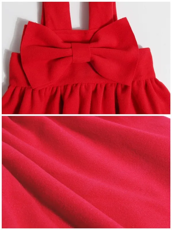 Christmas Girl Dresses Europe Style 2021 Winter Woolen Strap Dress Red Bow Princess Costume Vestidos Girls Party Clothes 2-7Y | Детская