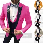 Костюм для жениха на заказ, фуксия, свадьба, комплект, мужская куртка, темно-синий жилет, брюки, смокинг из 3 предметов, приталенный силуэт, для выпускного вечера, Официальный мужской брачный костюм
