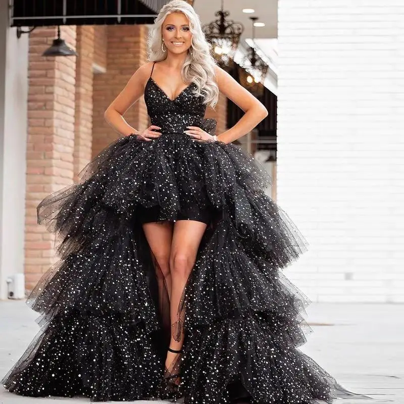 

Black High Low Wave Point Tulle Dresses Spaghetti Strap Lace Up Ball Gown Special Occasion Gown Poofy Tulle Robes Party Wear