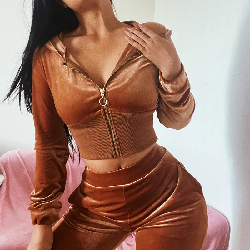 

Высококачественный зимний бархатный укороченный пиджак и спортивный костюм, джоггеры, коричневый комплект из двух предметов, зеленые спор...