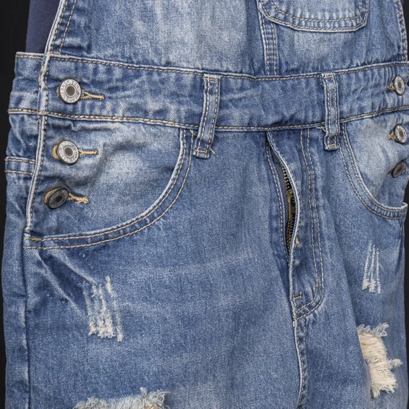 Boys Summer Casual Denim Shorts Knee Length Jumpsuits Hole Ripped Jeans Zipper Mens Streetwear Washed Suspenders | Мужская одежда