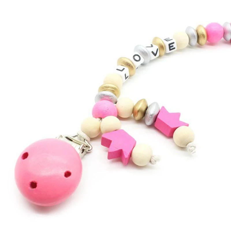 1PCS Wood Silicone Beads Baby Pacifier Clips Chain Nipple Pacifier Chain Holder Letter Charms Teether Toys Anti-Drop Chains