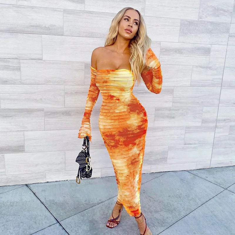 

Y2K Tie Dye Ruched Gloves Women Long Dress Off Shoulder Wrap Backless Party Sexy Dresses Print Fashion Streetwear 2021