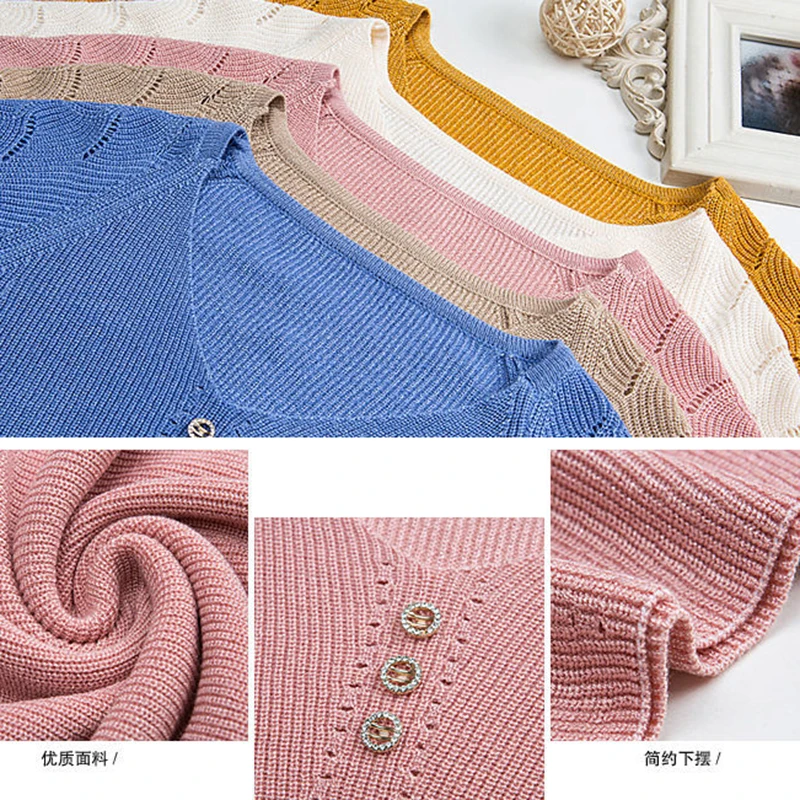 

Spring Autumn V-Neck Sweater Women Solid Hollow Out Long Sleeve Knitwear Tops Plus Size 3XL Knit Pullovers Loose Base Jumper