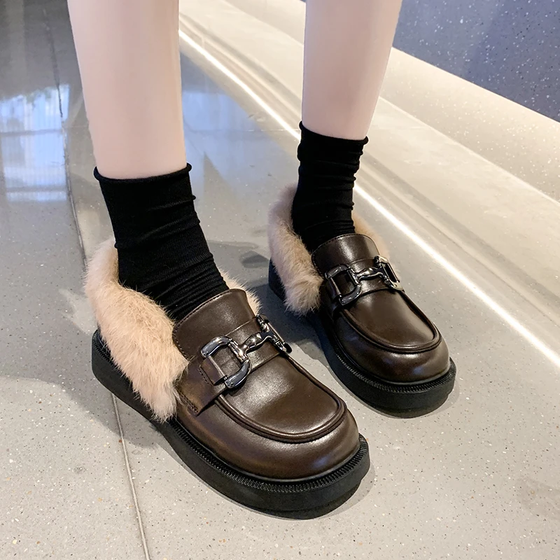 

Женские Туфли Мэри Джейн, повседневная обувь на плоской подошве, плюшевые кожаные туфли, круглый носок, черные, Осень-зима