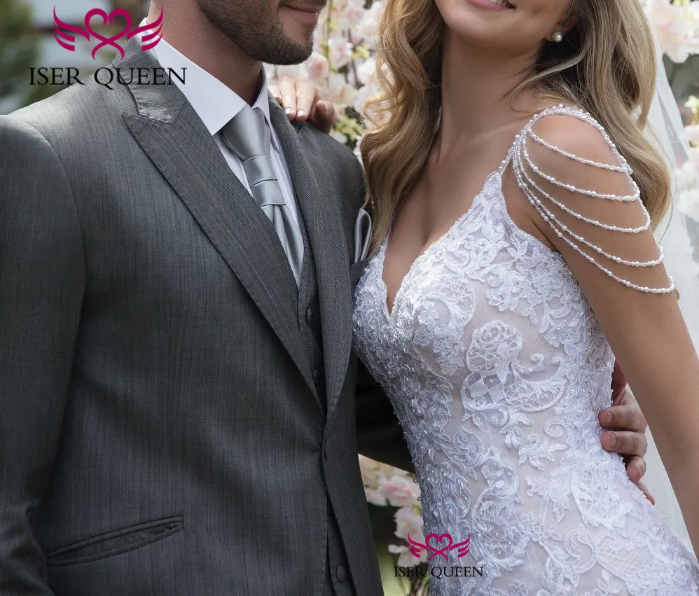 Свадебные платья русалки с v-образным вырезом и рукавами-крылышками Белое