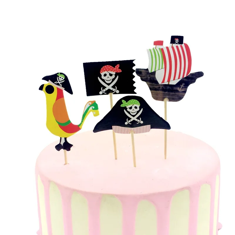 

24PCS Cartoon Topper Cake Pirate Ship Skull Flag Rooster Pirate King Pirate Hat Happy Birthday Kids Favor Baking Cake Decoration