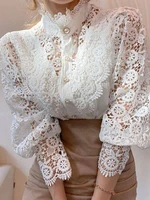 fashion designer 2022 spring shirt women white black apricot long sleeve lace hollow out single breasted ladies blouse