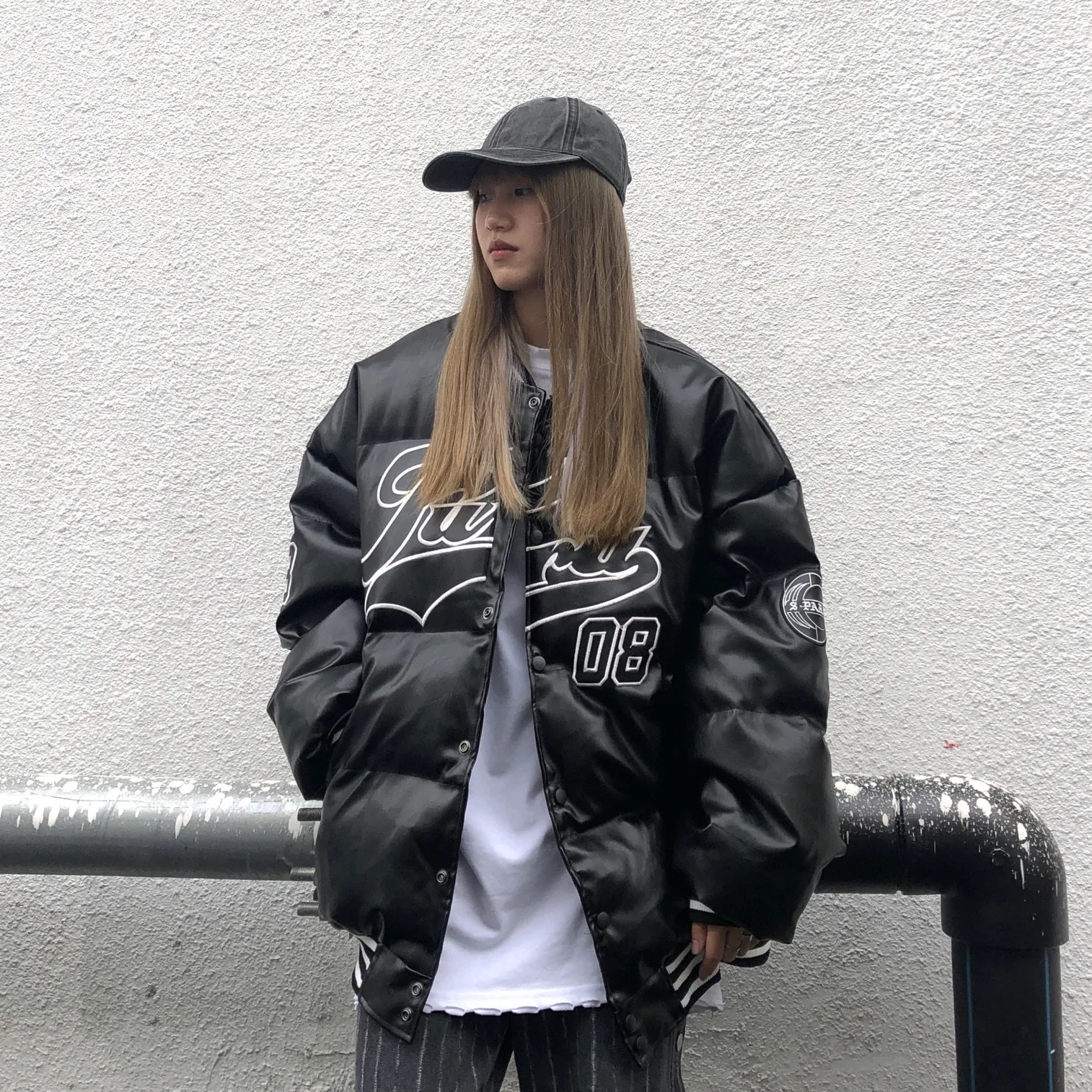 

Winter Embroidery Women Baseball Parka Jacket Loose Cotton Female BF Harajuku Style PU Leather Outwear Short Jacket Coats