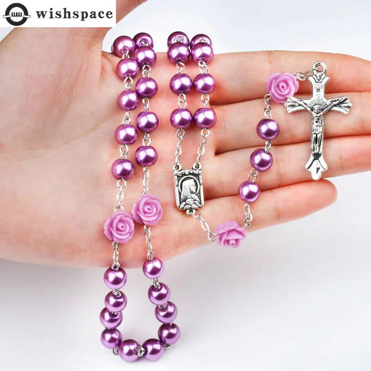 

wishspace 8mm Purple Rose imitation pearl necklace sweater necklace cross the Virgin Catholic religion long necklace