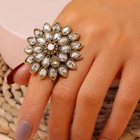 fashion women ring antique gold unique crystal flower bohemian big promise rings vintage adjustable wedding party jewelry gift