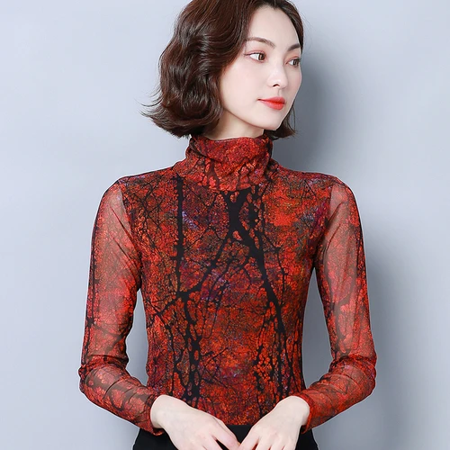 2020 Spring Autumn Elastic Fine Printing Woman Shirt High Collar Long Sleeve Xxxl Female Fashion Temperament Bottoming Shirts |