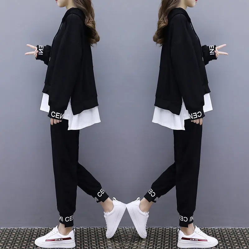 

Sports Suit, Female Autumn New Large Hooded Long-Sleeved Loose Two-Piece Sweater Pants Casual Running Two-Piece Suit