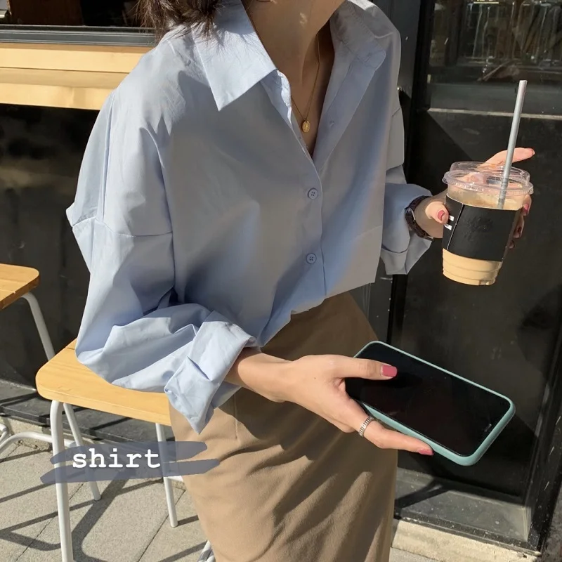 Элегантная женская простая Базовая Повседневная Свободная рубашка в Корейском