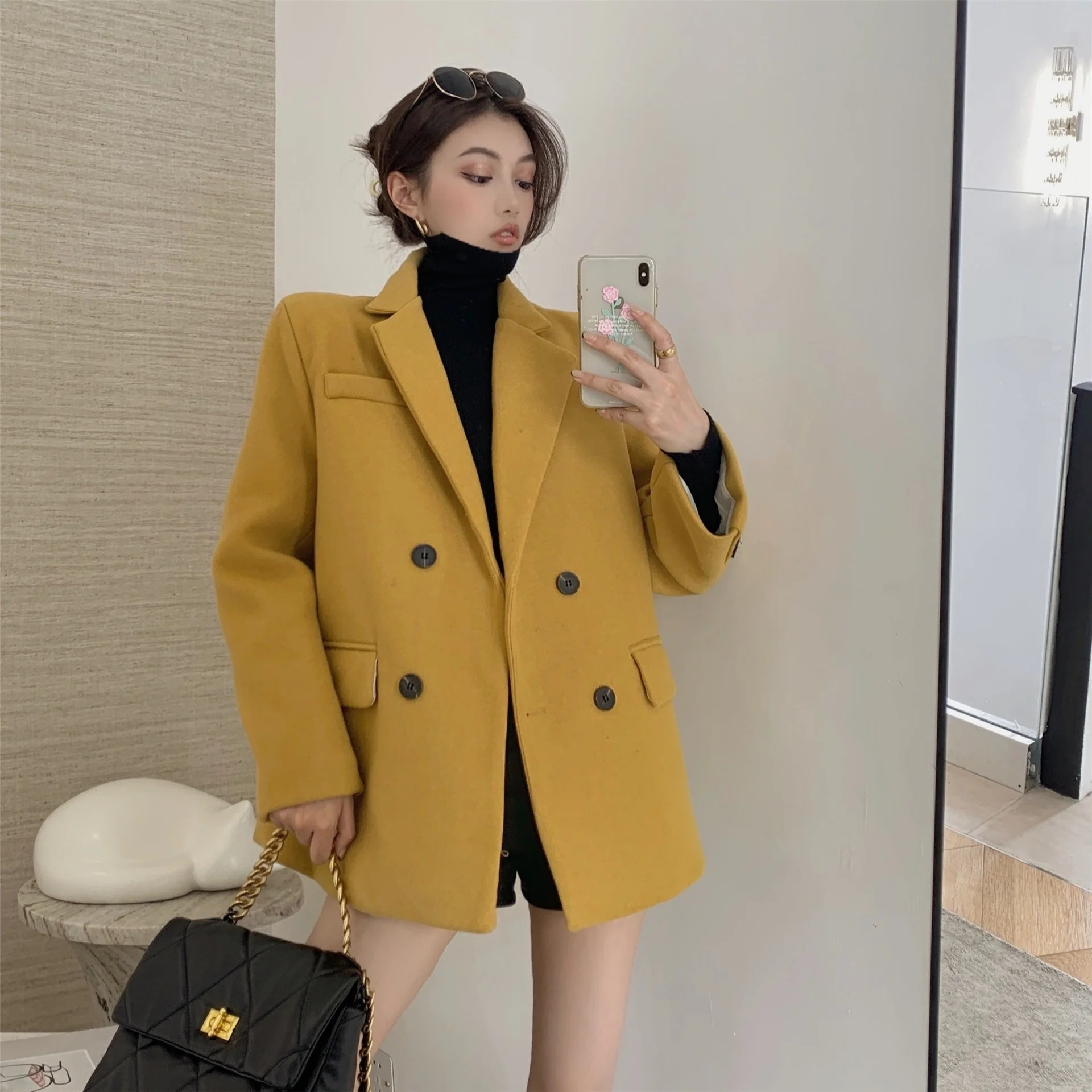 

New Style Temperament Yellow Woolen Top Ins Small Short Cotton Jacket Woolen Jacket Female X1447