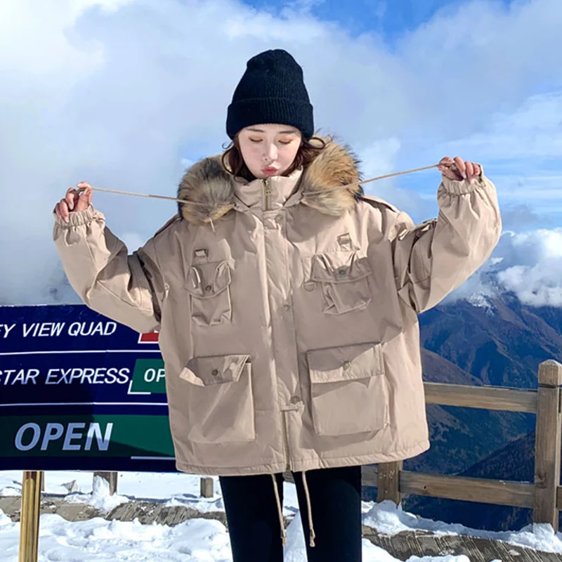 

Trendy Big Natural Raccoon Fur Hooded Down Jacket Women Thick Loose Coat Winter 90% White Duck Down Parka Warm Snow Outerwear