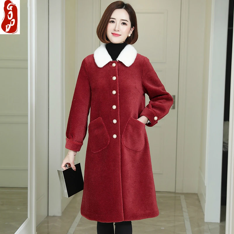 

Real Sheep Shearing Coat Female Natural Wool Jacket Women Winter Warm Clothes Mink Fur Collar Long Loose Overcoat LPL1377
