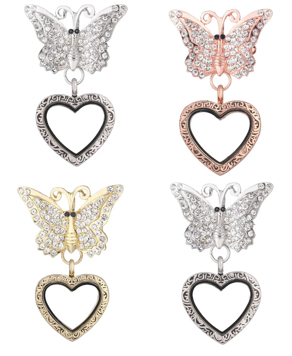 

10Pcs Rhinestone Heart Shaped Charms Locket With Butterfly Brooch Pin Insect Coat Brooch Essential Oil Women Gift Jewelry