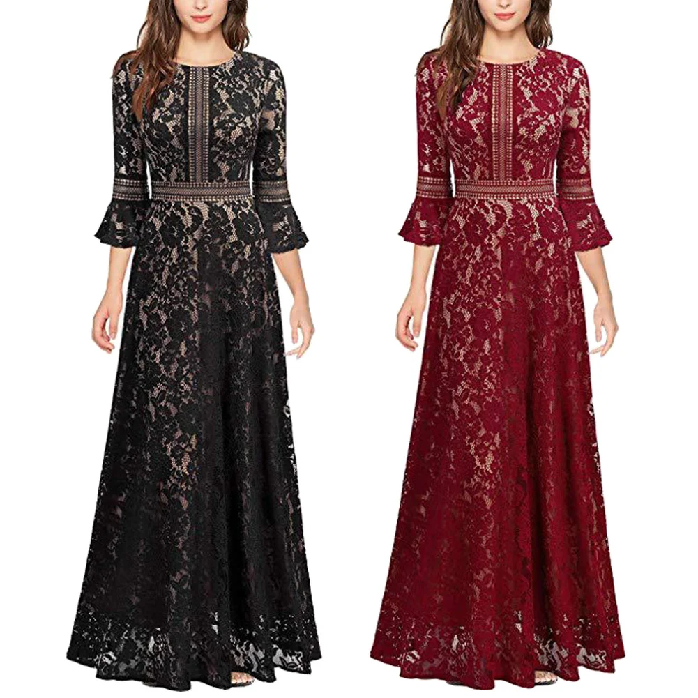 Женское кружевное платье с высокой талией длинное плиссированное рукавом до