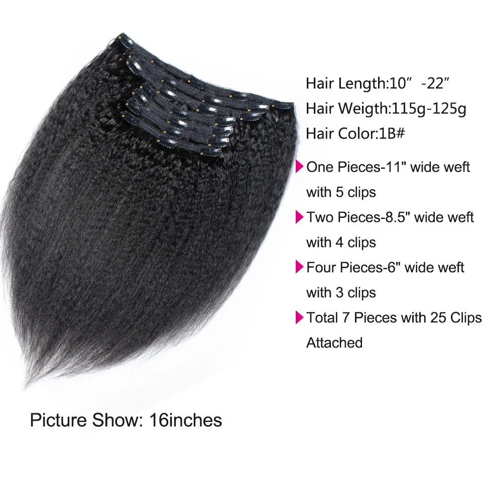 Kinky Straight Clip In Human Hair Extensions Brazilian Remy hair 7 Pieces/Set 120g For A Head 100% Ins |