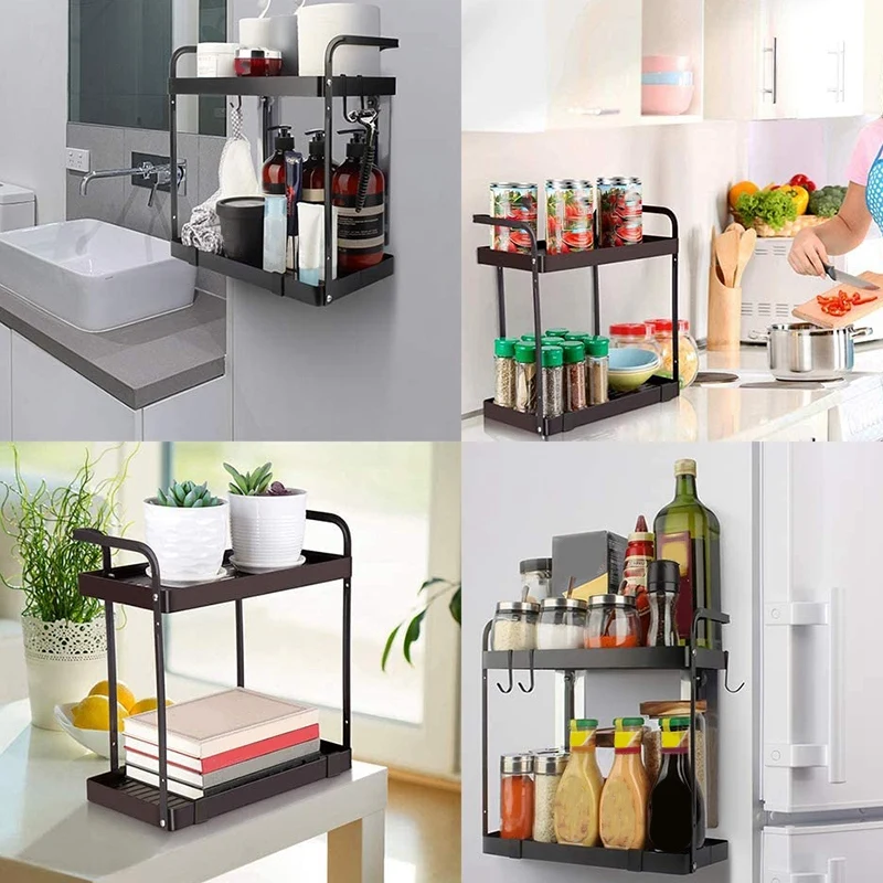 

Kitchen Bathroom Organizer Rack,Metal Shelf for Cabinet Pantry Shower Storage Organization, with 3 Removable Hooks