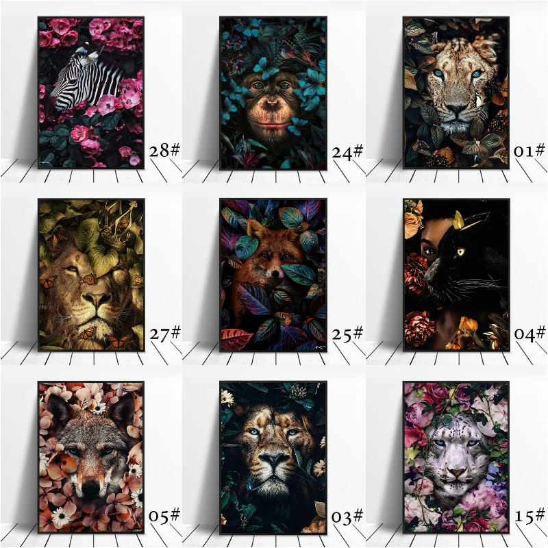 

Animals Lion Tiger Elephant Elk In Flowers Posters and Prints Canvas Painting Wall Art Pictures for Living Room Home Decoration