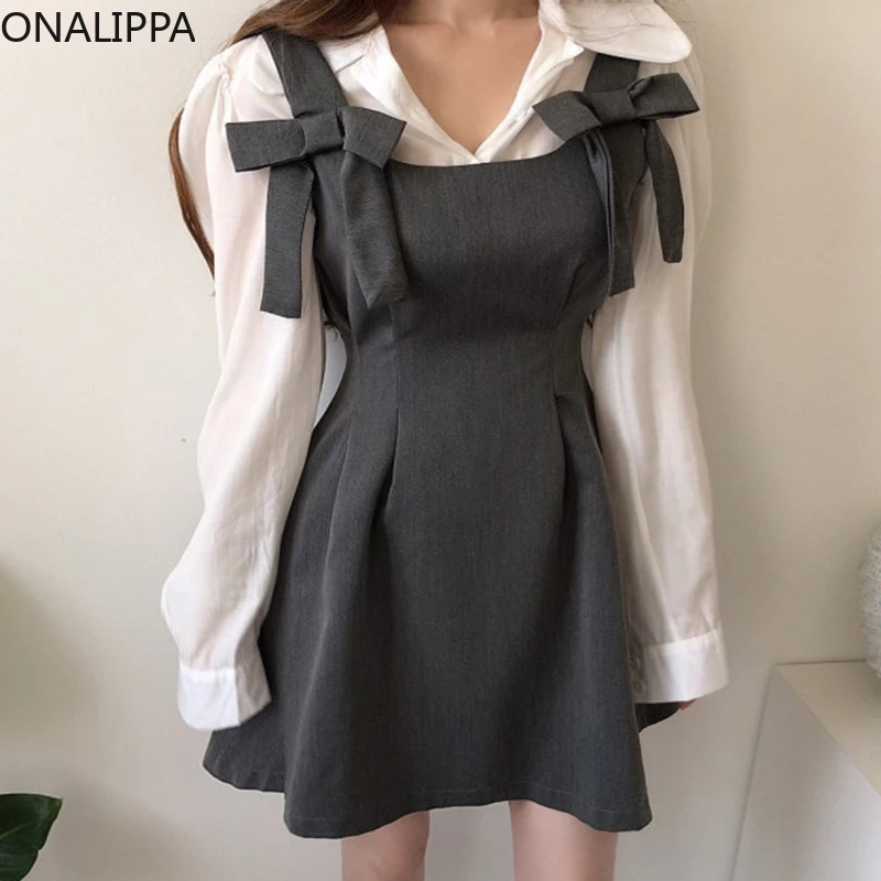 

Женский комплект ONALIPPA, осень 2021, Корейская Милая элегантная Свободная рубашка с отложным воротником и пышными рукавами, плиссированное пла...