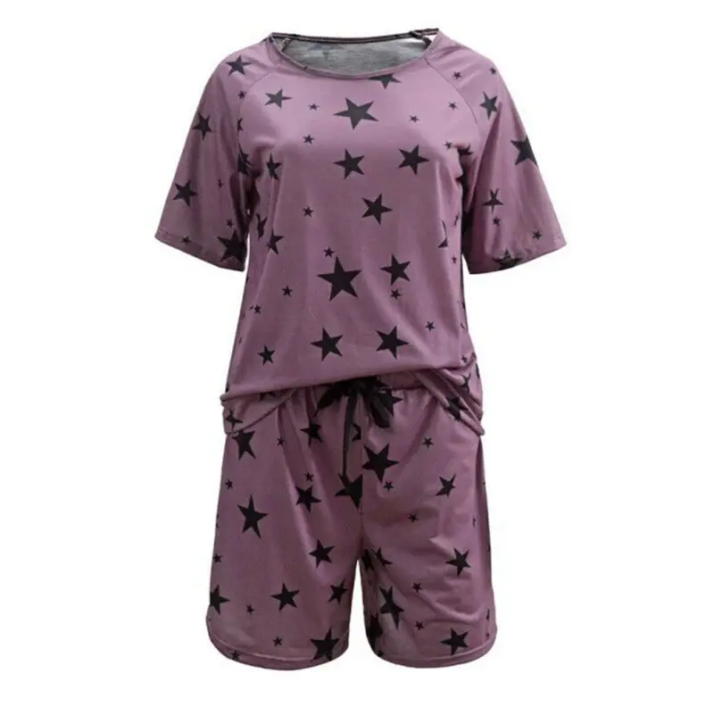 

Women Pajamas Printed Round Neck Short Sleeve Tops Shorts Lady Casual Loungewear Printed Pyjamas Set