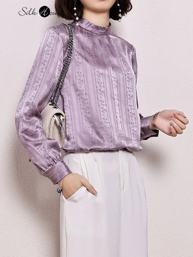 

2021 Spring Fashion New Silk Jacquard Satin Foreign Style Mulberry Silk Stand Collar Long Sleeve Temperament Silk Shirt Blouse