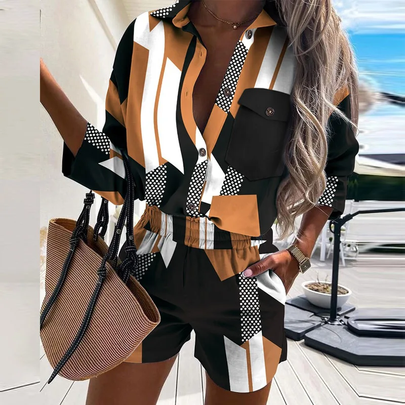 

Women 2 Pieces Set Zipper Single Breasted Long Sleeves Stripped Shirt Top & Corset Skinny Shorts Overalls Elegant 2021 Summer