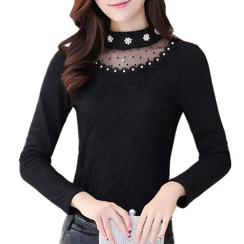 

Elegant Women's Spring Autumn Lace Shirts Long Sleeve Bead Decoration Women's Fashion O-Neck Blouses Casual Women's Tops DD8274