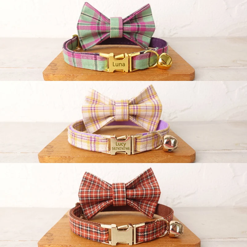 Cotton Plaid Cat Collar with Bell Bow tie Personalized Engraving ID Tag Nameplate Collar for Kitten Collars Necklace Small Dogs