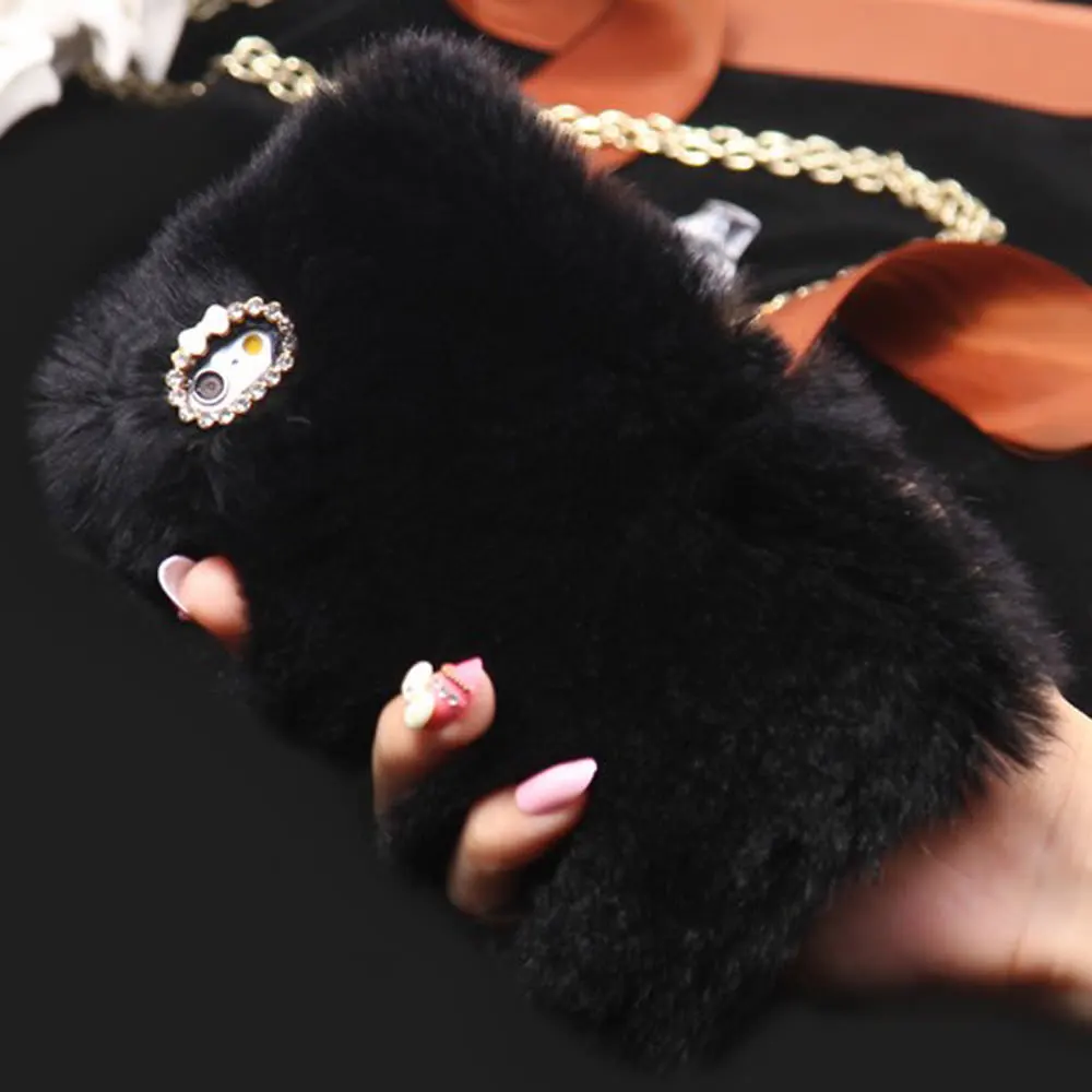 Black L-FADNUT милый меховой пушистый чехол для телефона для iPhone X, Xr, Xs, 11 Pro, Max, 5, 5S, SE, роскошная Алмазная задняя крышка для 6 S, 6, 7, 8 Plus, чехол для девочки - Цвет: Black